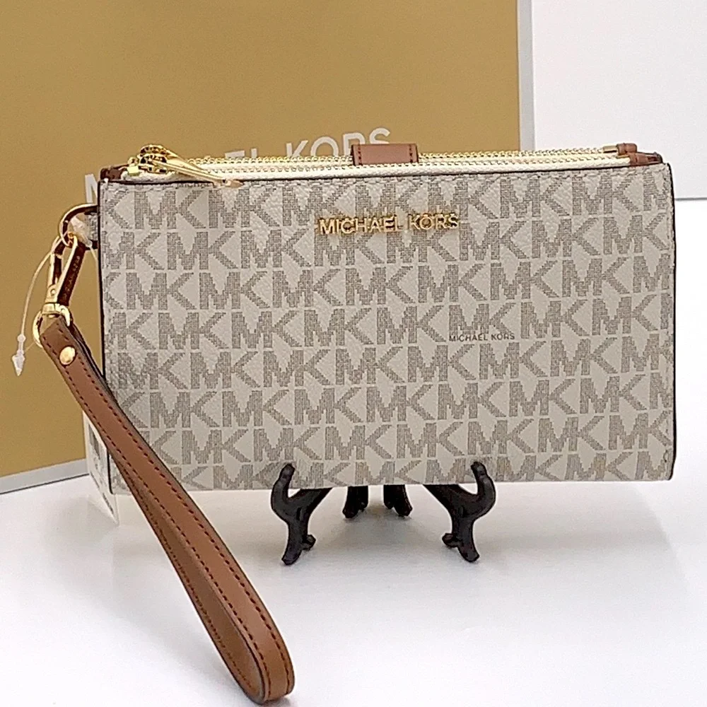 MICHAEL KORS LARGE DOUBLE ZIP WALLET WRISTLET COLOR: Vanilla LUGGAGE SI…